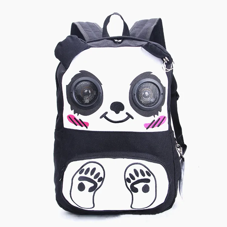 

Custom Cartoon Panda Shape Canvas Fashion Girls School Bags Campus Teenage Backpack With Speaker, Black/customized