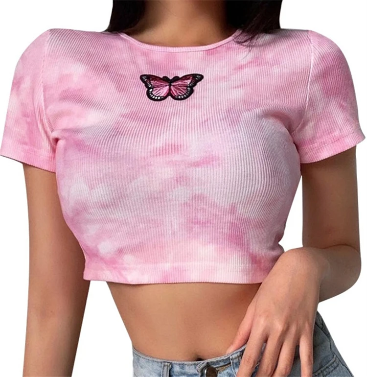 

wholesale trendy clothing 2020 summer hot lady tie dye butterflies crop top shirts