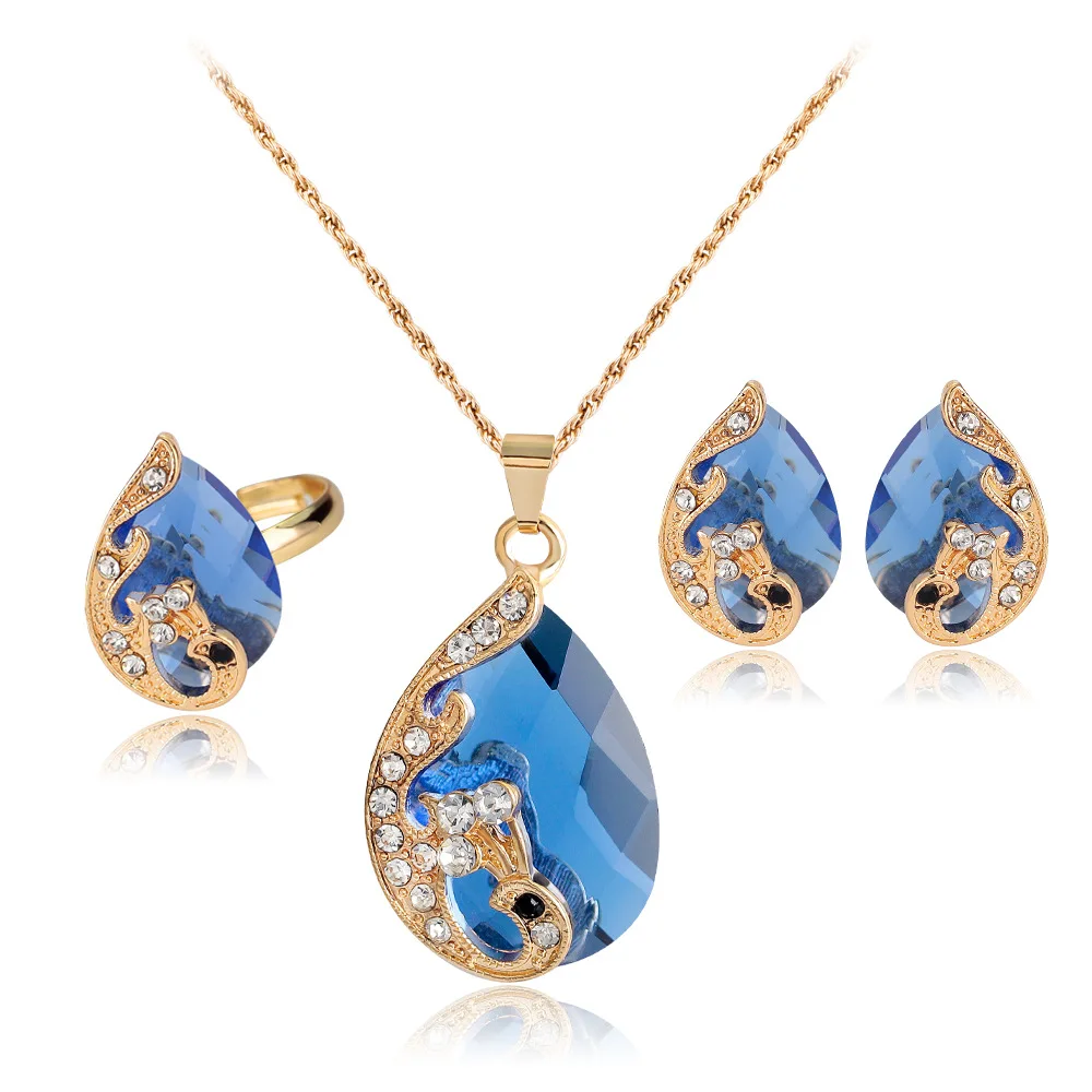 

PUSHI dazzling crystal peacock blue pendant gold plated fashion necklace women trendy necklace and earring rings sets mix