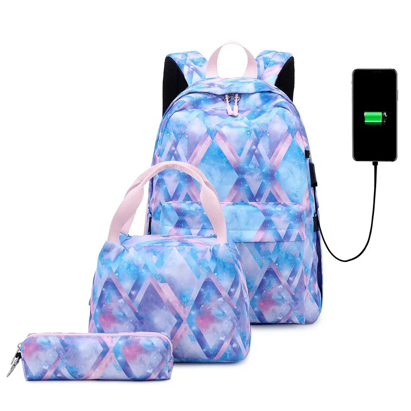 

Manufacturer Custom Logo Colorblock School Bag Waterproof Nylon Men Women Travel Laptop Backpack with USB, Blue, pink, black
