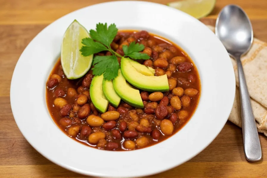 Finished vegan white bean chili served in white bowl with avocado slices, cilantro garnish, and lime wedge on wooden table