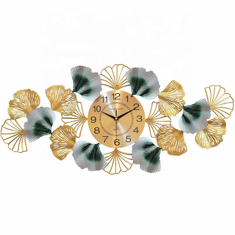 

Hot Sale Color Luxury Metal Ginkgo Leaf Wall Clock Representing Good Luck Living Room Decoration, Gold