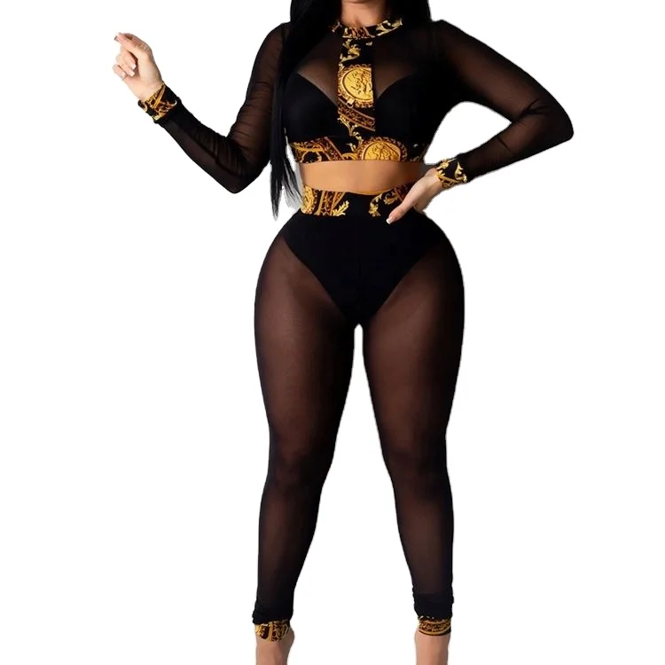 

Sexy Women Clothing Black Polyester Mesh Two Piece Set For Woman