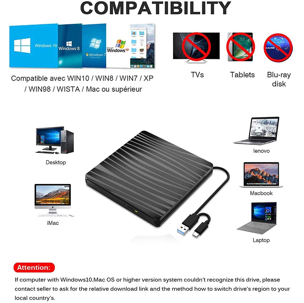 
Raycue Play and Plug USB 3.0 & Type C High-Speed Data Transfer Player Portable External DVD/CD Drive Burner 