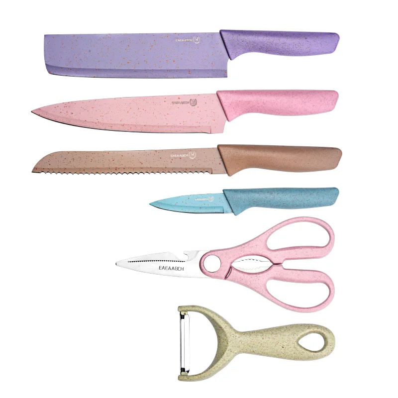 
Most Popular 6pcs Non-stick blade Stainless Steel Kitchen Knives Set with Wheat Straw Handle 