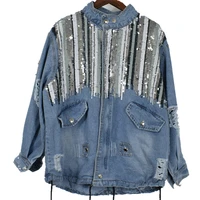 

trendy ripped washed sequined jeans jacket women clothing streetwear