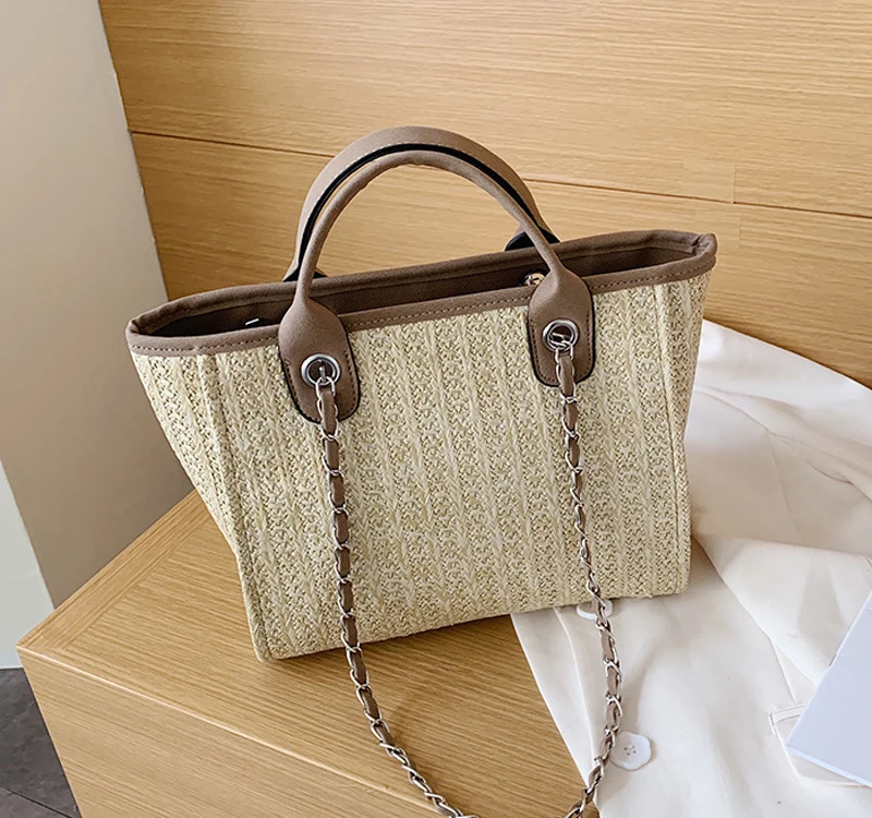 

2020 new style bucket bag large capacity straw chain shoulder bag handbags tote bag, Brown / white or custom