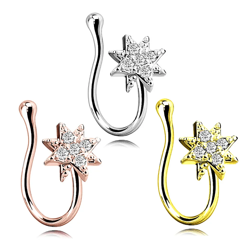 

Anti allergy Wholesale Flower U Shape Diamond-bordered Jewelry Non piercing Rings Clip on Nose Ring, Gold, rose gold, silver