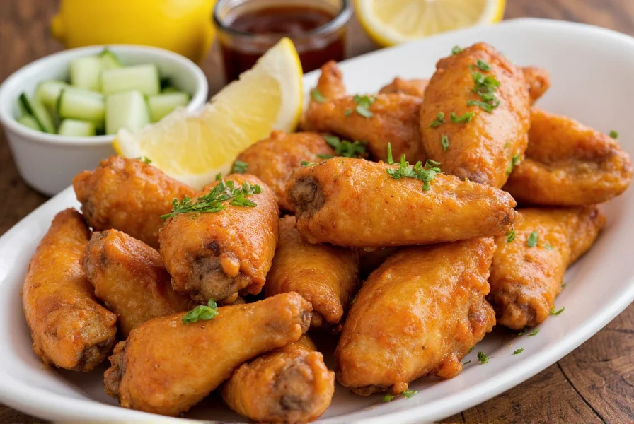 Honey lemon pepper wings served with cucumber salad and lemon wedges on wooden table