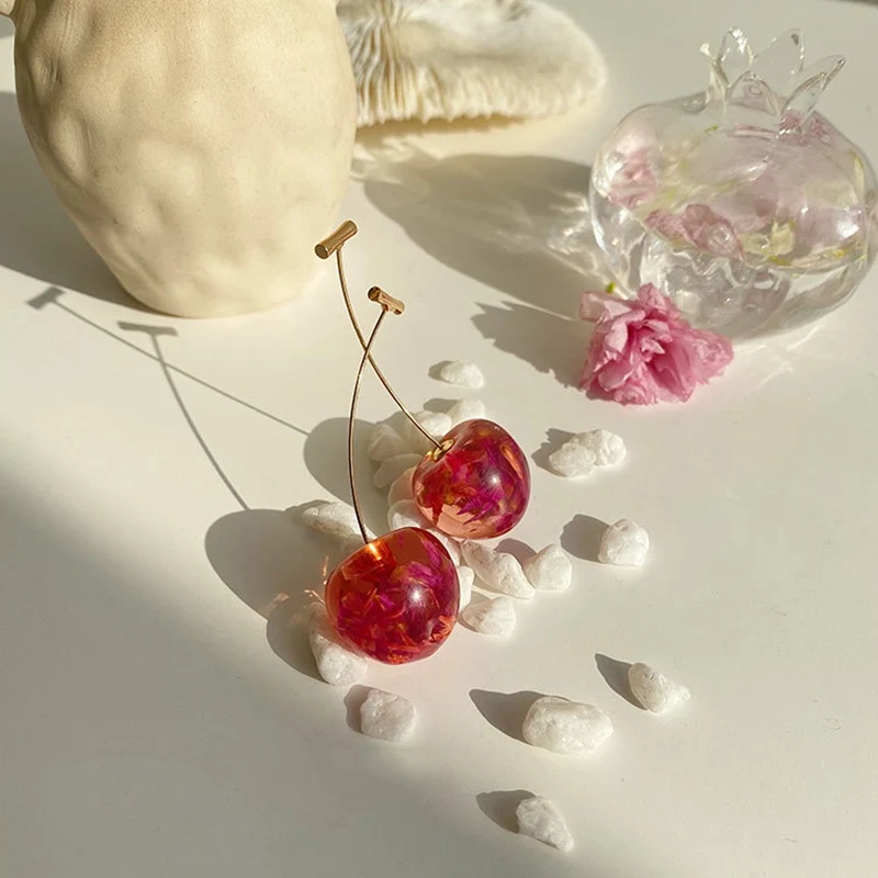 

New Korean Cute Cherry Shaped Drop Earrings For Women Sweet Dried Flower Metal Line Pendientes Jewelry Gifts