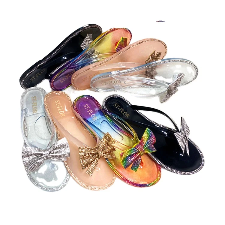

Womens Flat Sandals Open Toe Colored Diamond Jelly Sandal Women Transparent Flat Pvc Bow Jelly Sandals, Black yellow red blue