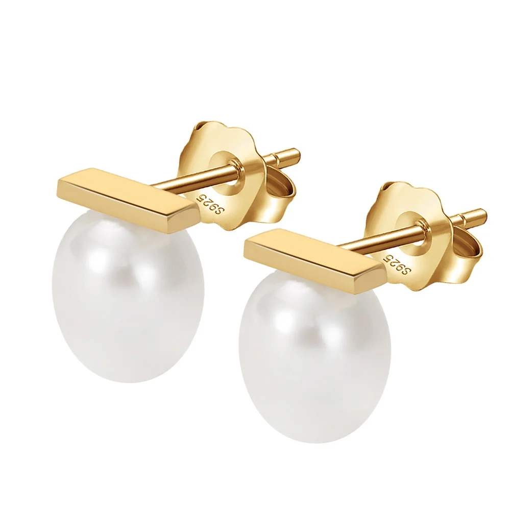 

wholesale fashion jewelry 925 sterling silver Natural freshwater pearl gold plated stud earring jewelry for women