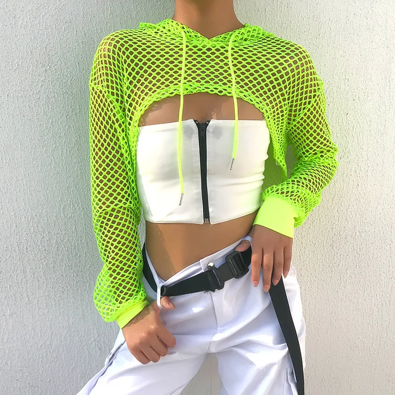 

new product ideas 2021 ladies' blouses wholesale bulk femm fishnet hooded see through black sexy mesh long sleeve crop top women, As picture