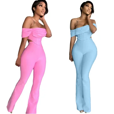 

2021 Fall Fashion Sexy 2 Piece Set Women Solid Strapless Fold Tube Top With High Waist Flare Trousers Suit