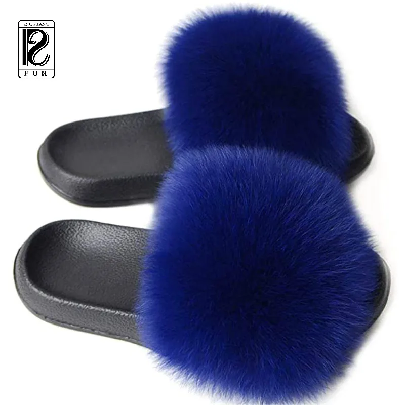 

women Real colorful Fox Slipper Sandals lady Fluffy Slippers Girls Fur Slides Slippers manufacturer