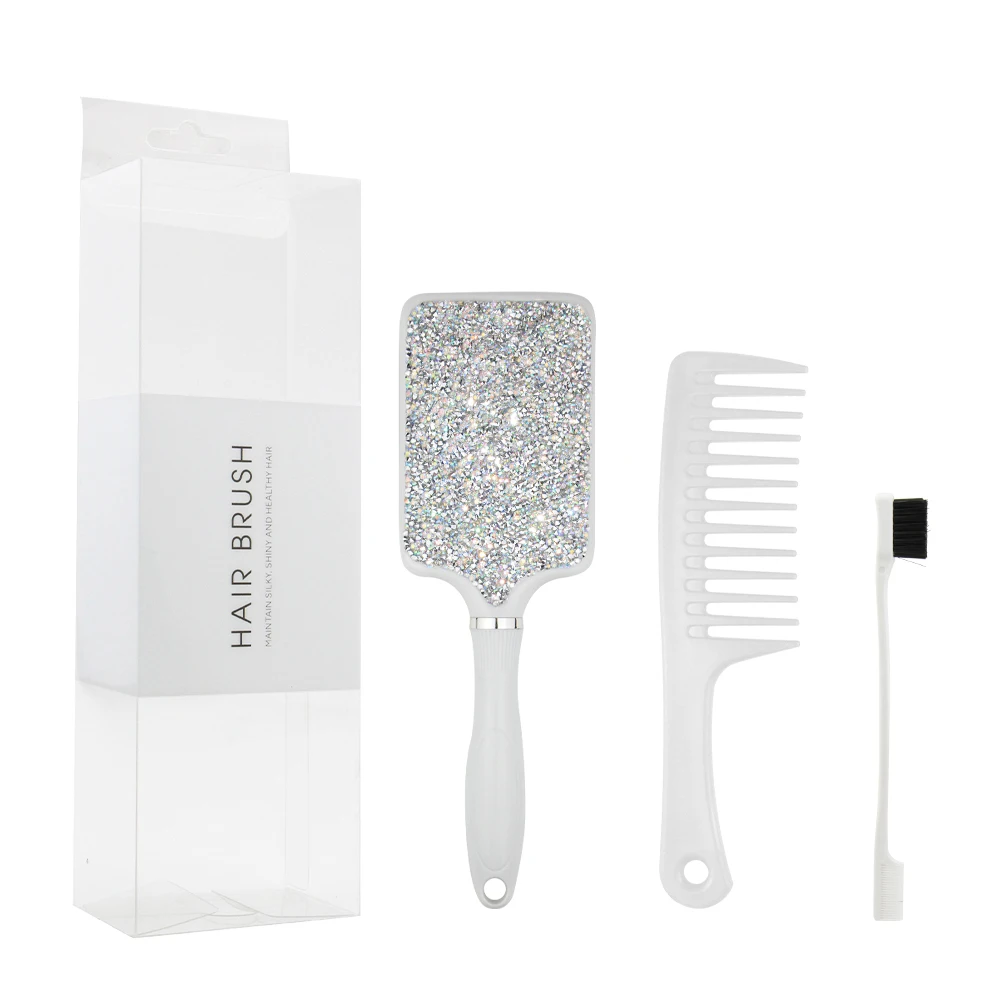 

Customize Logo New Style Girl Shiny Sparkle Airbag Detangling Scalp Massage Hair Brush Wide Tooth Comb Edge Brush Set, White