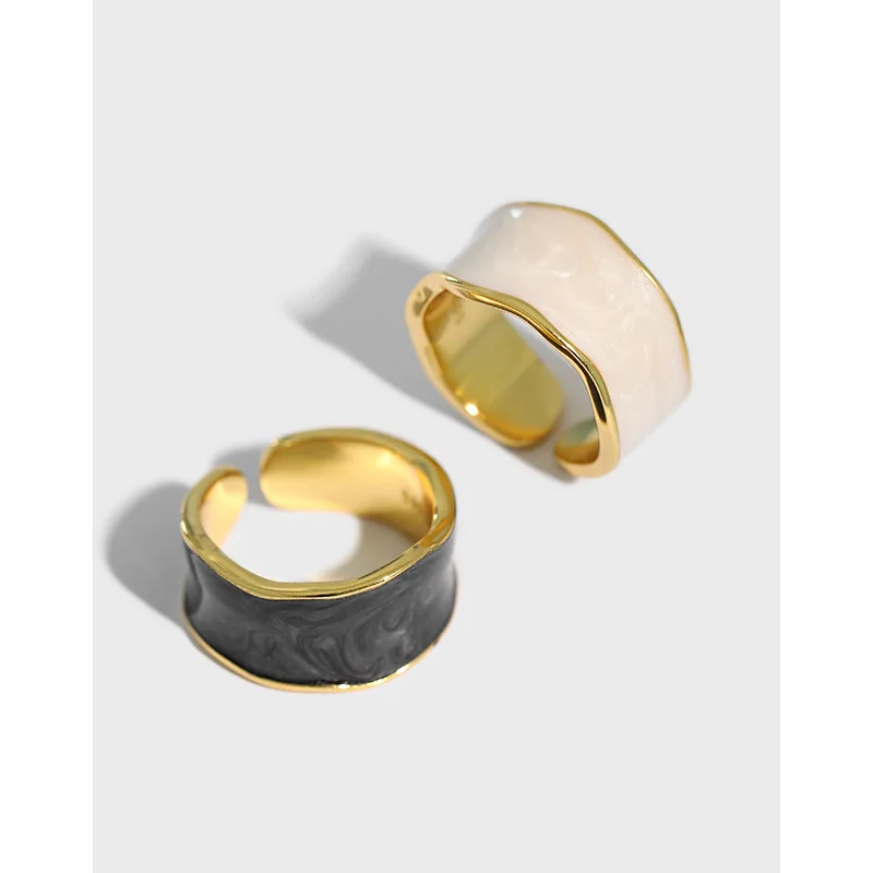 

2020 New design Irregular wide open ring luxury epoxy white black enamel S925 sterling silver ring