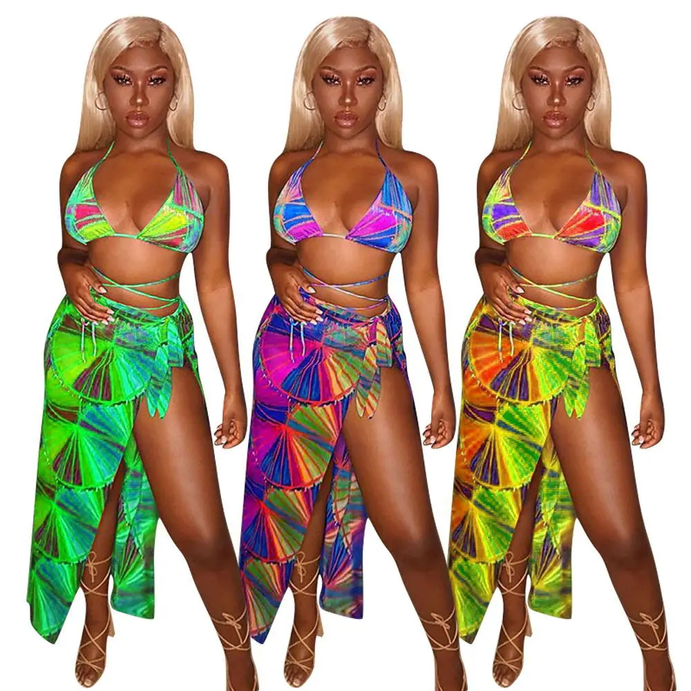 

2021 summer new design printing custom swimwear women 3 piece swimsuit bikini set, 3 colors