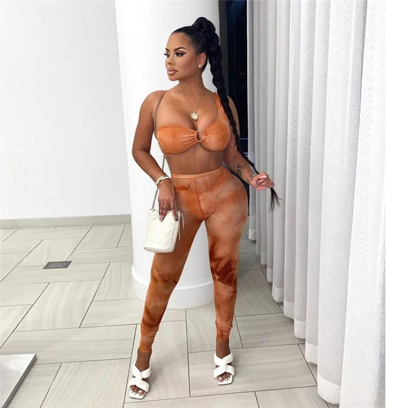 

KSX03769 Wholesale one shoulder tie dye two piece set women clothing mesh see through two piece pants set