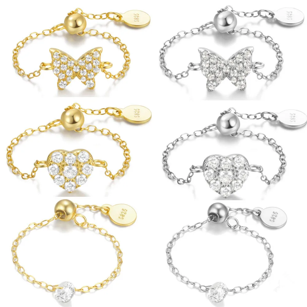 Fashion Jewelry 925 Sterling Silver Rings Heart butterfly Round Zircon Adjustable Gold Plated Chain Rings for Women