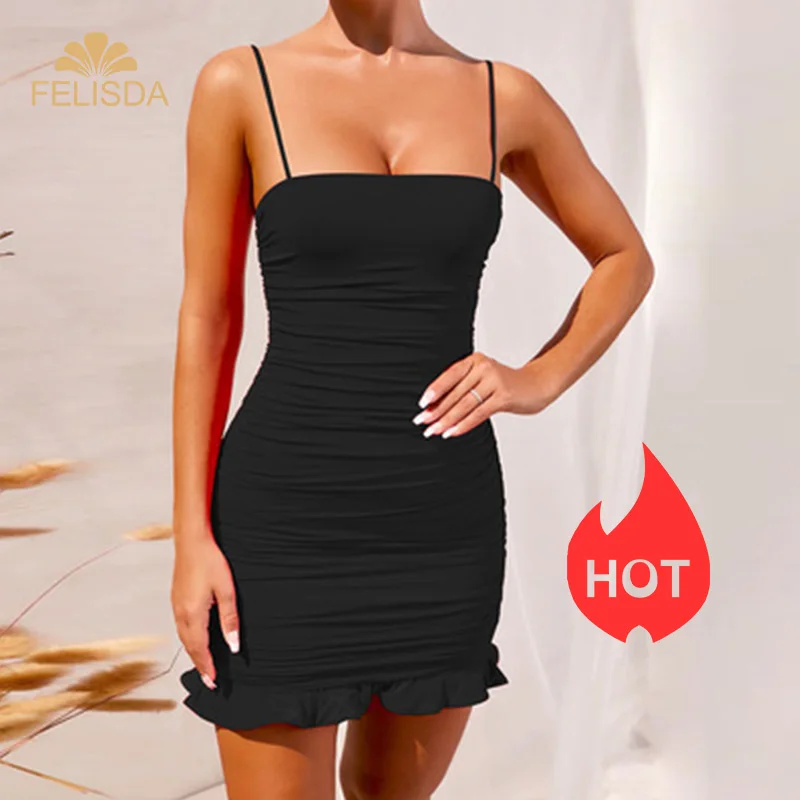 

FELISDA Hot Selling Strap Mini Satin Dress Summer Women Sexy Suspenders Fold Bag Hip Skirt Lotus Leaf Nightclub Dress