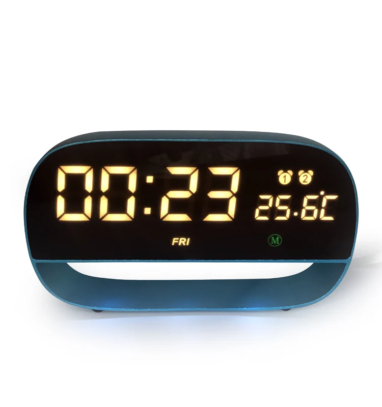 

Fashion Design Metal Smart Sensor LED Digital Table Clock Temperature Week Display Alarm Touch Clock With Power Off Memory, Pink, blue customized color
