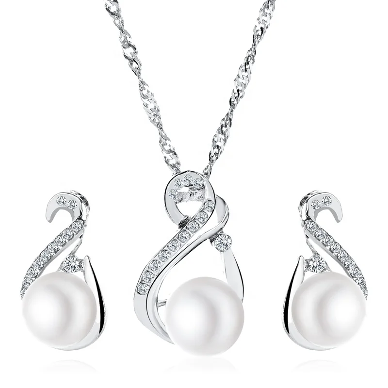 

PUSHI Temperament pearl diamond necklace earrings set of two elegant evening party festival bride jewelry