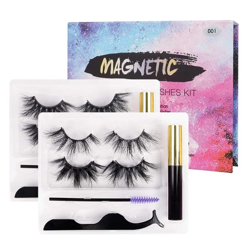 

2021 Sinyoo Wholesale 2021 New Style 2 Pairs Mixed 10 Magnet 25mm Mink eyelashes Magnetic Packaging Kit, Black