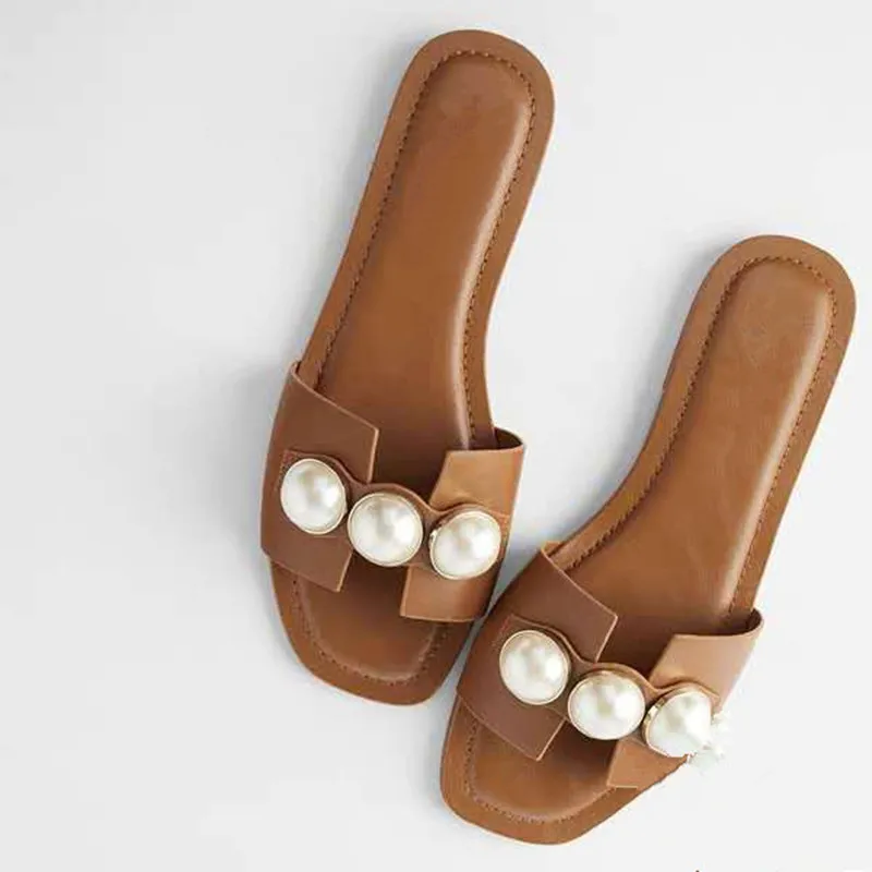 

Summer new style women's shoes leather color pearl decoration flat sandals simple high-end slippers women