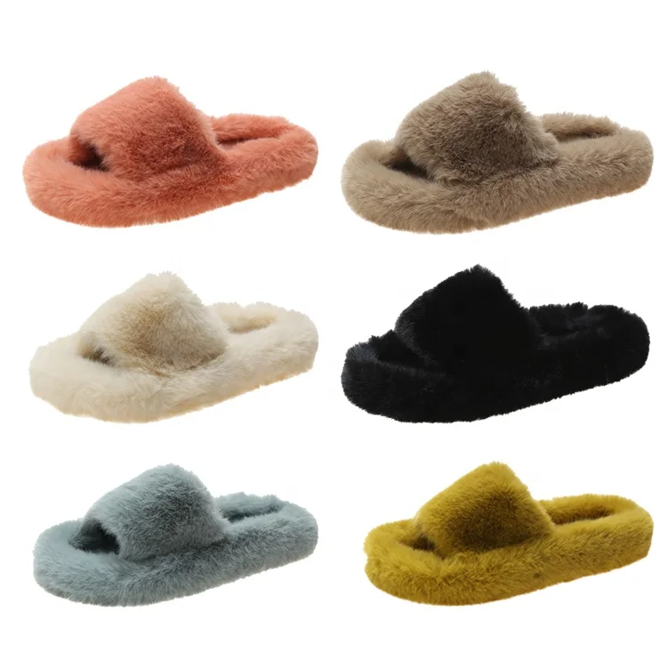 

Soft Warm Plush Furry Open Toe Fur Slides Fuzzy Fluffy House Indoor Fashion Fur Slippers For Women
