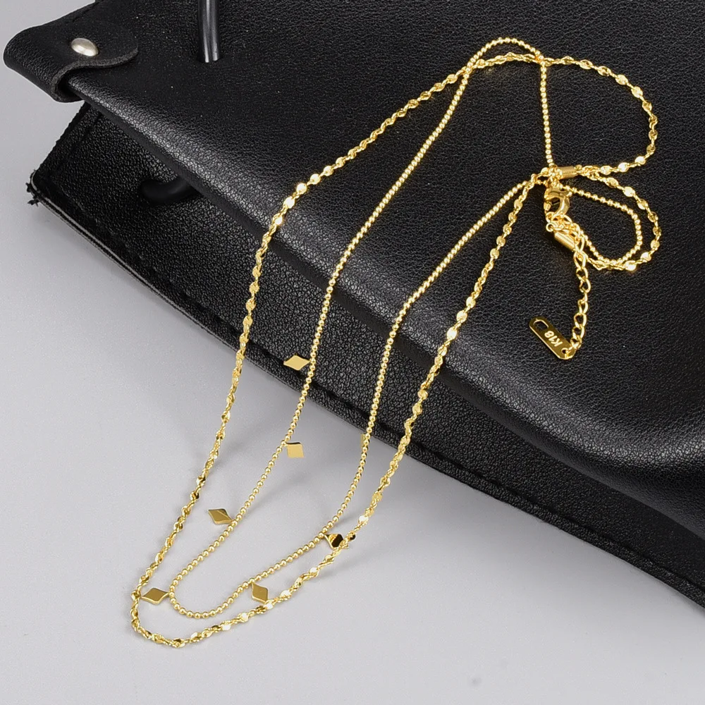 

Trendy 18K Gold Plated Double Layered Chains Necklace Sparkling Square Stainless Steel Chain Necklace for Women Girls