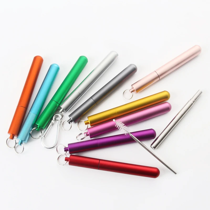 

Best selling 18/10 portable reusable stainless steel retractable collapsible drinking 114mm metal straw set with box and brush, Customized color