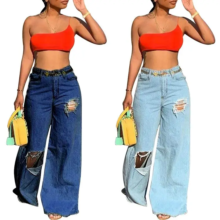 

09AF386 popular 2 colors hole wide leg Pants Women Jeans