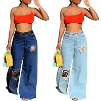 

09AF386 popular 2 colors hole wide leg Pants Women Jeans