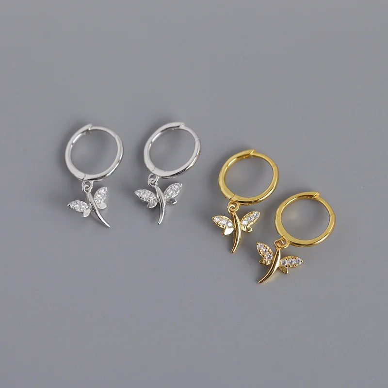 Silver Jewelry 925 Sterling Silver Dragonfly Earrings Animal Pendant With Diamond Gold Plated Hoop Earrings for Women