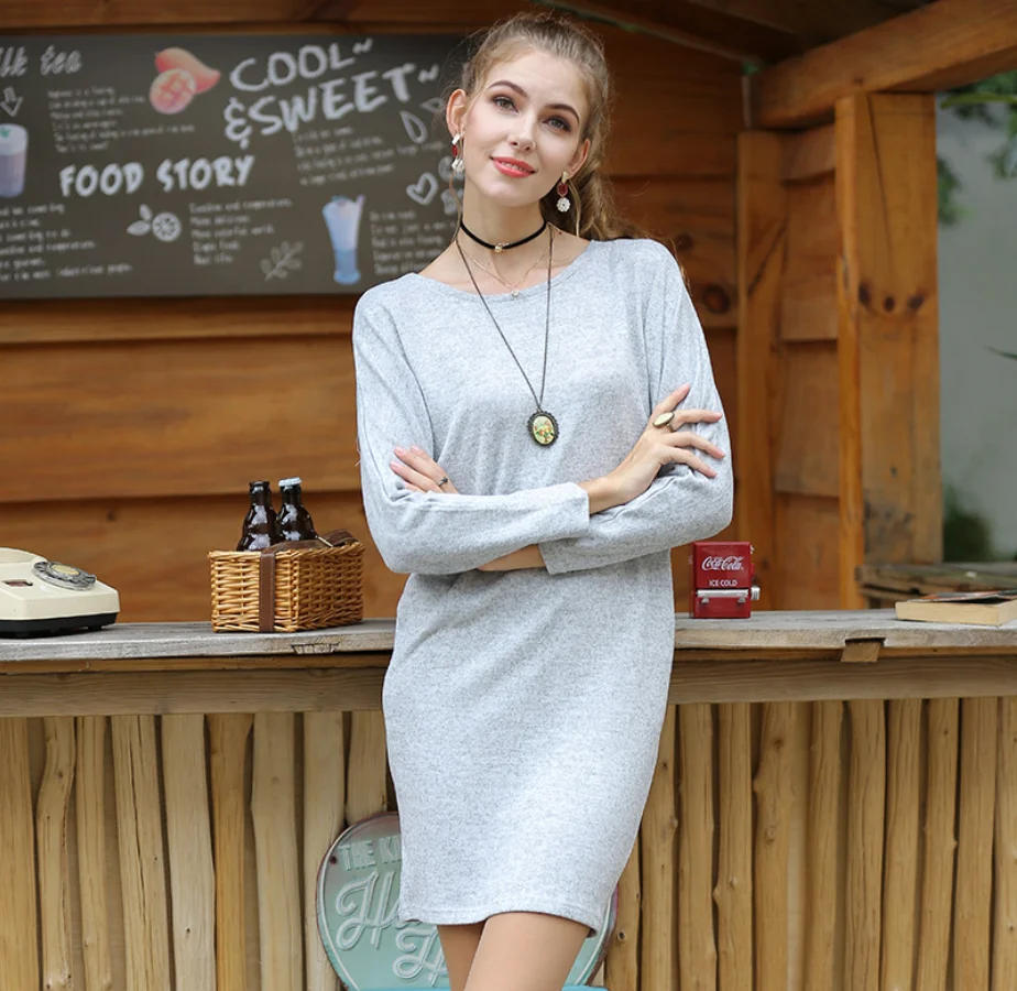 

Women's Casual Crew Neck Long Sleeves Solid Sexy cotton Dress