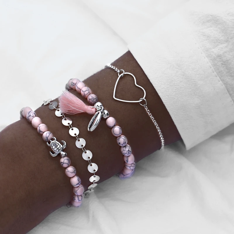 

Fashion Pink 3 Pcs Bead Bracelet with Tassel Charm Heart Hoop Bracelets Set for Girls, Gold