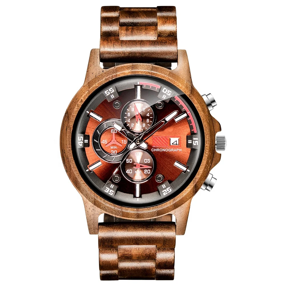 

High Quality Luxury Retro New Chronograph Quartz Walut Wood Wrist Watch For Men