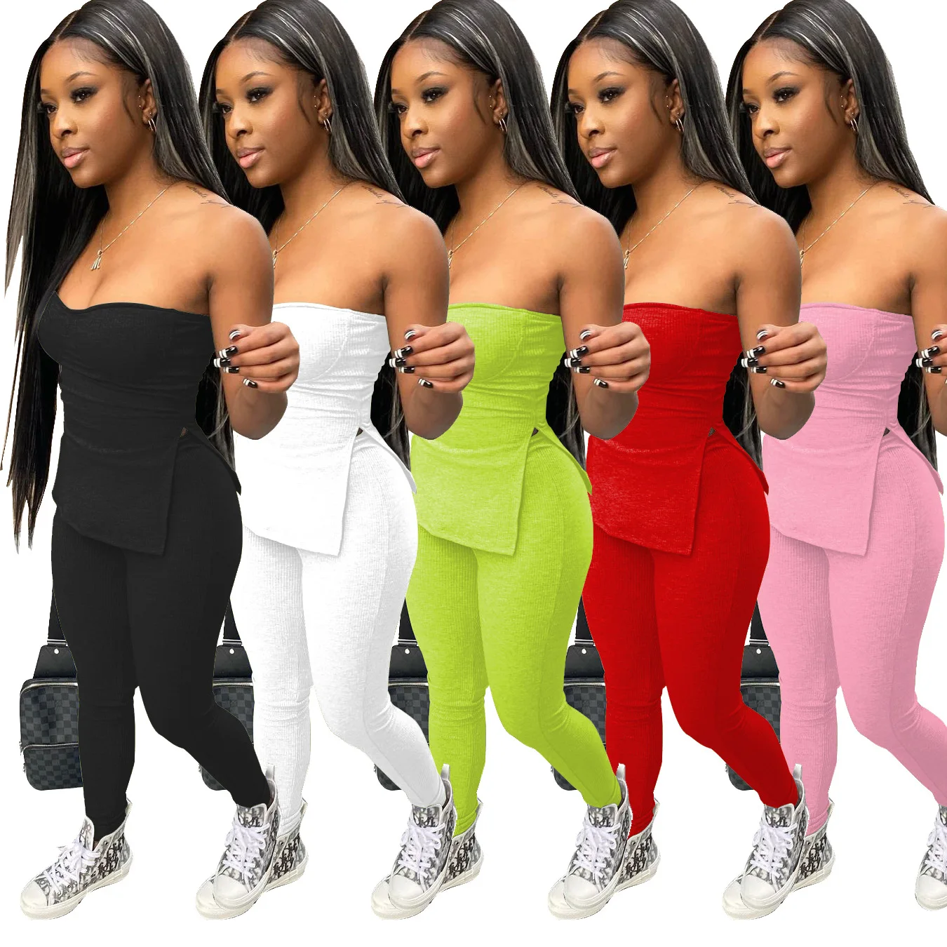 

Rib Knit Women Two Piece Set Strapless Vest Tops Tight Leggings Pants Set Clubwear 2 Piece Woman Summer set, White, pink, red, black, fluorescent green