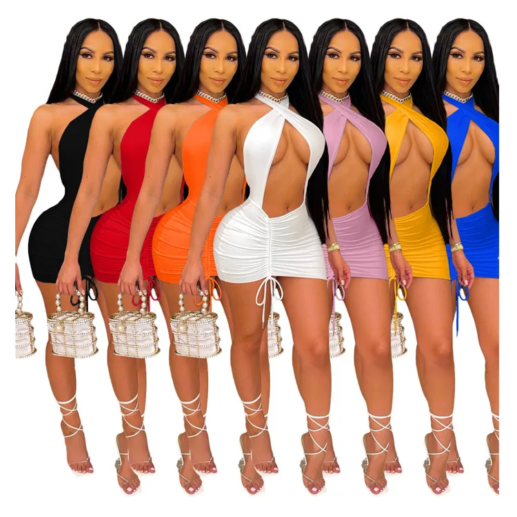 

2021 Fashion New Pure Color Nightclub Style Halter Neck Pleated Sexy Dress