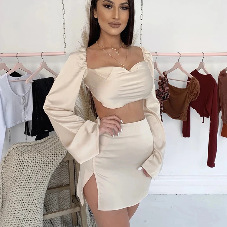 

Charming Solid High Quality Fall Two Piece Sets Silky Satin Outfit For Women Long Sleeve Skirt Set