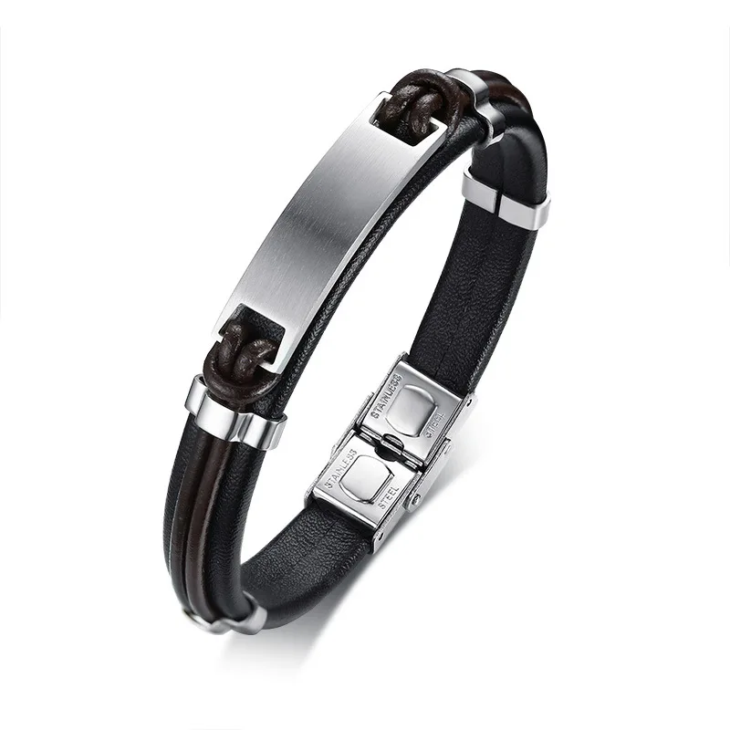 

316L Stainless Steel Plain Plate Engraved Logo Wrist Bracelet Genuine Leather Jewelry Bangle Bracelet for Men, Black/black brown