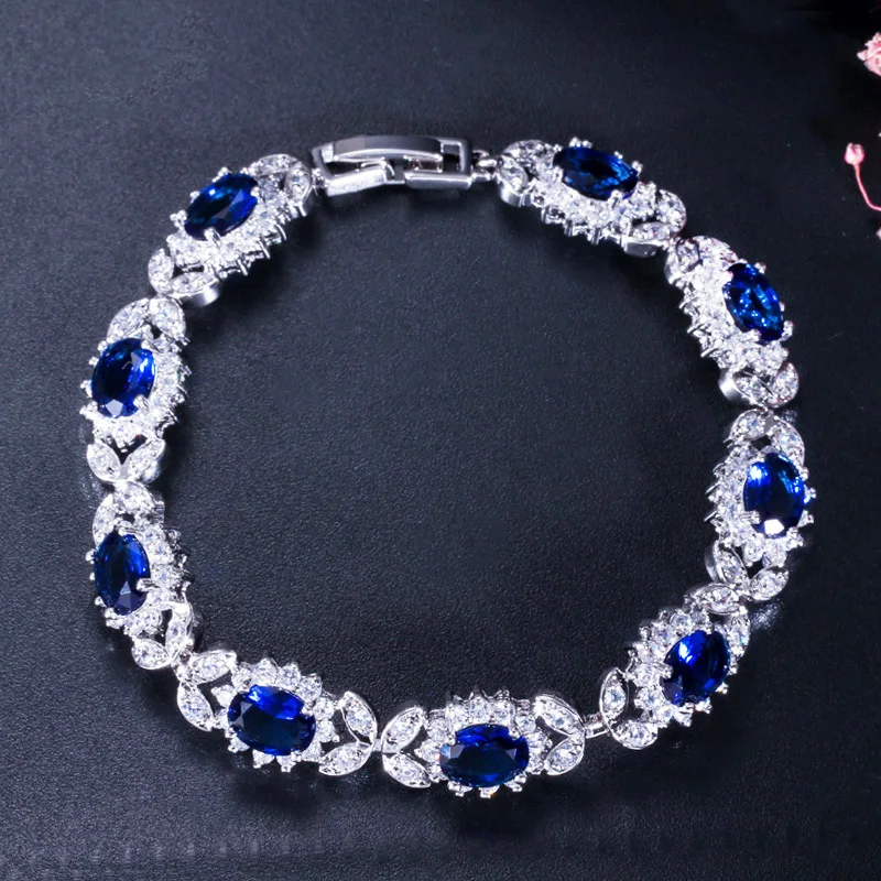 8 Colors Romantic Women Silver Plated Big Blue Cubic Zircon CZ Crystal Austrian Charm Bracelet for Women Friendship Jewelry Gift