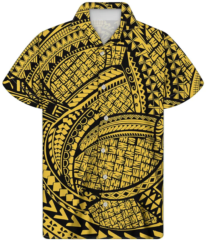 

Hawaiian Men's Shirts Yellow/Orange Polynesian Traditional Tribal Print Short Sleeve Boy's T-shirts Customized Plus Size Shirts