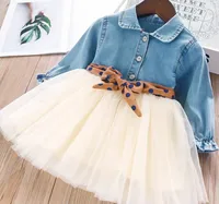 

Hot Autumn Clothe For Kid Girls Long Sleeve Dress Denim Patchwork Gauze Skirt + Detachable Wave Point Belt