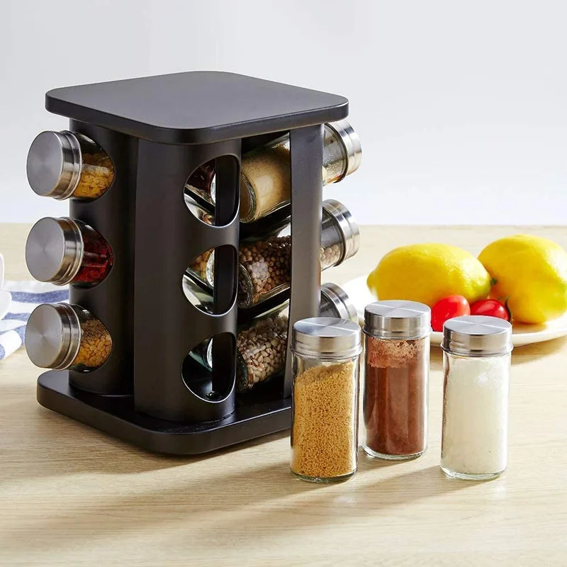 

Multifunction Square 12pcs Revolving Rotating Glass Jars Black Spice Stainless Steel Rack Stand Set