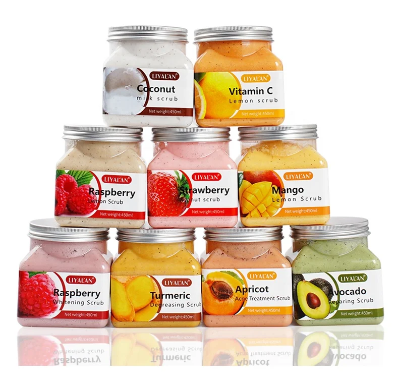 

Body Scrub Natural Organic Vegan Fruit Avocado Strawberry Apricot Sherbet Moisturizing Exfolianting Face Body Scrubs, 9 colors/ custom color