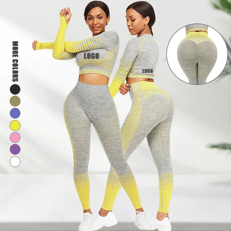 

High Waist Tummy Control Long Sleeve Fitness Yoga Set Seamless Women Workout Clothing, As shown