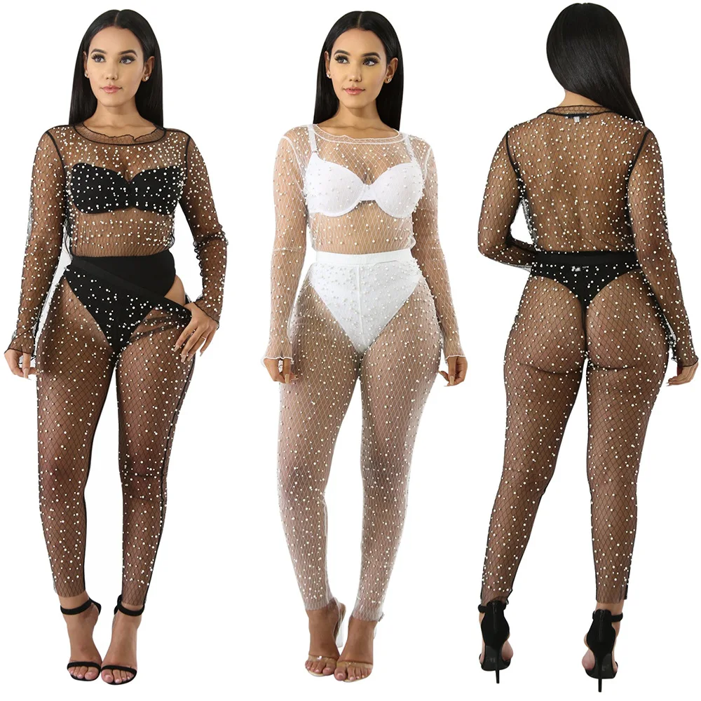 

2022 New Arrival Summer Sexy Fishnet Bead Design Mesh Lace Without Base Clothes Sexy Perspective Beaded Two-piece Suit, Solid