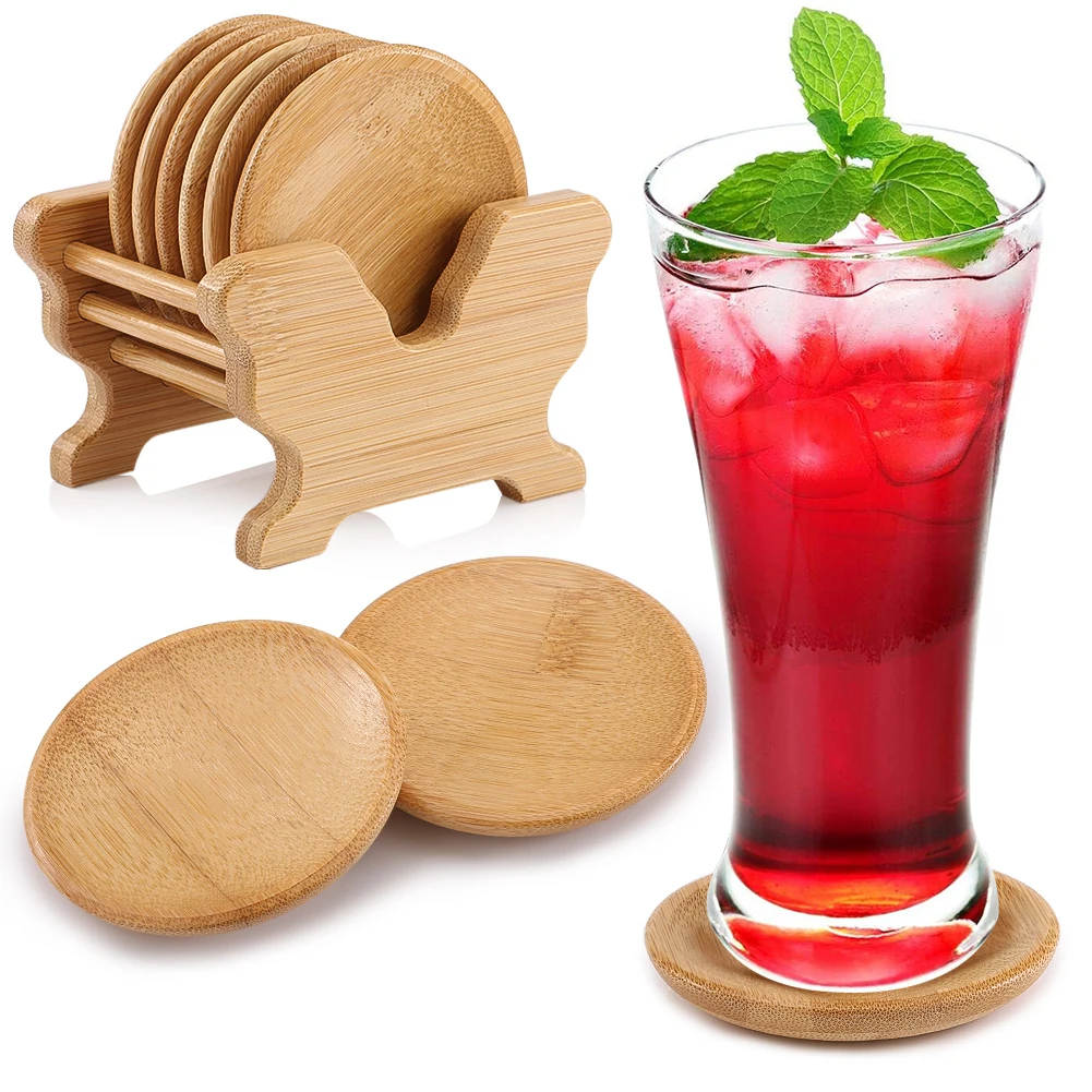

Multipurpose Bamboo Coaster Set Six Cup Mat Combination Set Tray Tea Cup Mat With Coasters Holder Wood, Customized color